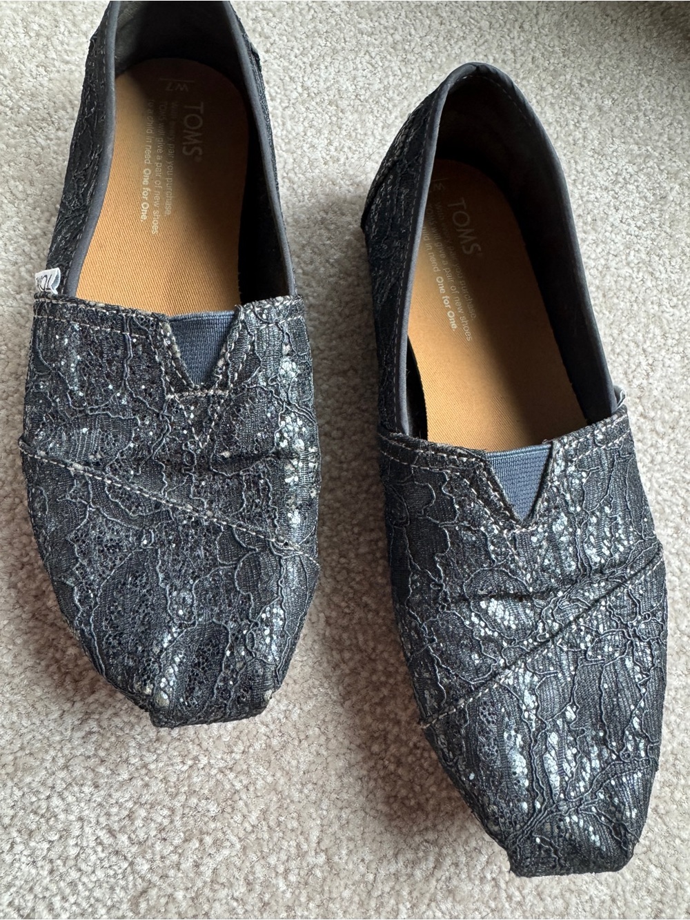 TOMS Black Lace Slip-On Flats